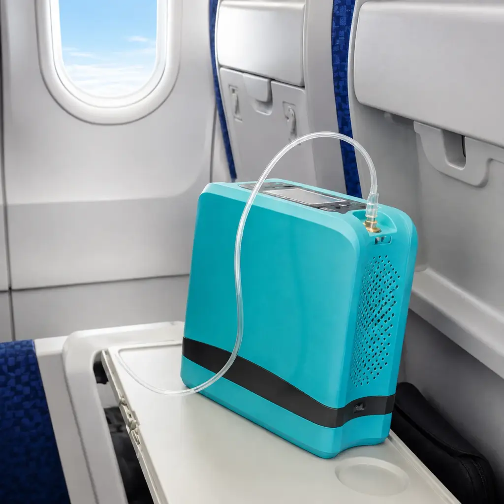 NORYLUME portable oxygen concentrator in an airplane seat setting
